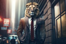 Portrait Of A Serious Business Lion On A City Street. Generative Ai.