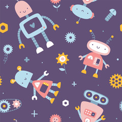 Wall Mural - cute purple pattern with girly robots for kids. seamless scandinavian vector print for baby textile 