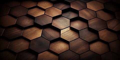 Hexagonal wooden tiles pattern, honeycomb shaped background made of timber. AI generative image.