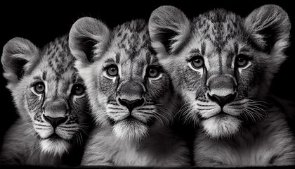 Wall Mural - Schwarz weiß Portrait von drei kleinen Löwenbabys. Perfektes Wandbild - Generative Ai