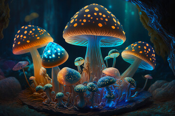 luminous mushrooms glowing in mystical fantasy forest