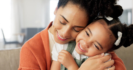 Poster - Happy, mother and child with hug, kiss and love for playful relationship bonding on living room sofa at home. Mama and kid playing together in happiness for loving care or joy relaxing on the couch