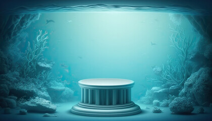 Wall Mural - Abstract minimal podium product display, underwater scene. AI generative image.