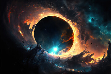 Wall Mural - Black hole illustration. Fantasy galaxy generative AI background