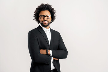 Charismatic confident high-skilled male manager in formal wear and eyeglasses standing with arms crossed isolated on white, pleasant smart supervisor, male employee, businessman in black suit