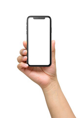 Mockup of female hand holding a black smartphone with blank screen isolated  on a transparent background.