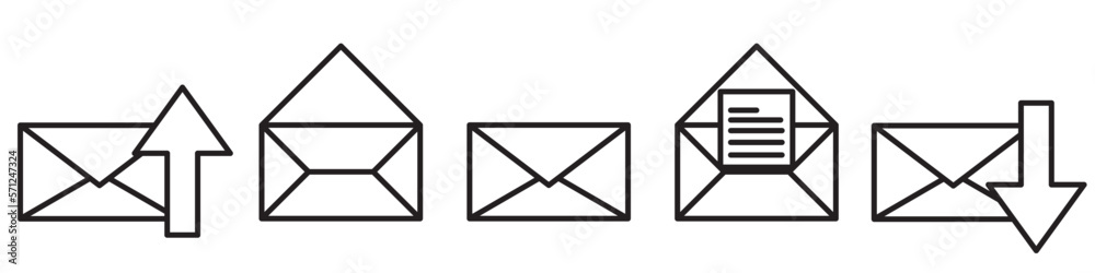 Mail envelope icon set with marker new message isolated. Render email ...