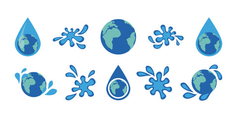 World Water Day vector illustration set. Earth Planet in water. An environmental problem. Climate change, world pollution. Earth Day concept, save water. Water drops, blue water splash.