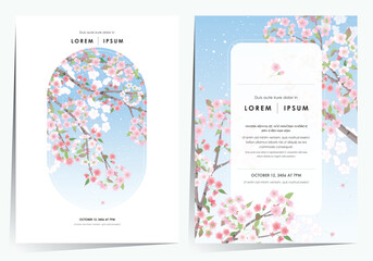 Wall Mural - Vector editorial design frame set of Korean spring scenery with cherry trees in full bloom. Design for social media, party invitation, Frame Clip Art and Business Advertisement	