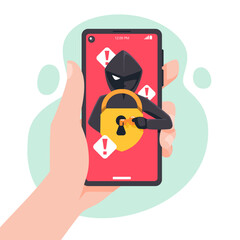 Wall Mural - Thief Hacker attacks a smartphone by message. fraud scam and steal private data on devices. vector illustration flat design for cyber security awareness concept.