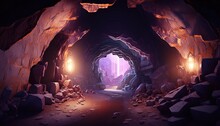 Mining Quarry With A Purple Shiny Crystal In The Rocks And Stone Walls Of The Mine.Beautiful Modern Illustration, Template For Your Design. AI