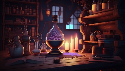 Witch or wizard alchemical laboratory with magic .Beautiful modern illustration, template for your design. AI