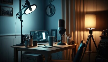 Leinwandbilder - Workplace of game streamer or blogger. Room interior with computer on table, microphone,  AI