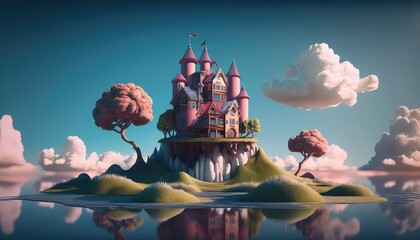 Pink magic castle on a floating island in a blue sky with fluffy clouds. Beautiful modern illustration, template for your design. AI