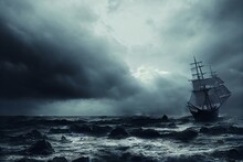 An Old Sailing Ship In The Mist Sails Towards The Rocks - Sailing Old Ship In A Storm Sea In The Background Stormy Clouds. Generative AI