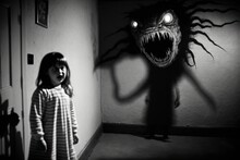 The Image Of A Nightmare In Reality, An Evil Spirit In A Bedroom, Black And White Style, AI Generated