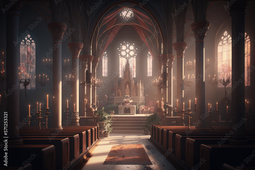 christian church interior with altar and light entering on windows. generative ai