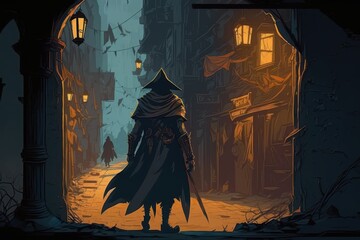 Wall Mural - thief on criminal quarter of thieves and murderers in a medieval fantasy city, ai generated