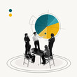 © master1305 - Contemporary art collage. Conceptual design. Meeting. Employees having briefing, discussing current working statistics, analyzing working strategies. Concept of business, career development, teamwork