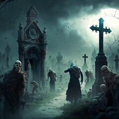 Halloween with zombies, tombstones and the moon on the cemetery. Generative AI