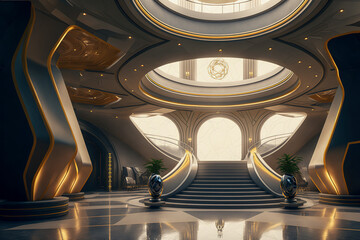 Wall Mural - Luxurious futuristic lobby with staircase, oasis of elegance, Generative AI