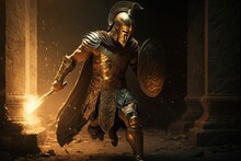 Achilles In A Beautiful Golden Armor Fighting Under . AI Generated Art Illustration. 