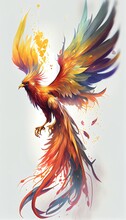 Fiery Chineee Phoenix With Gold Wings Long Rainbow . AI Generated Art Illustration. 