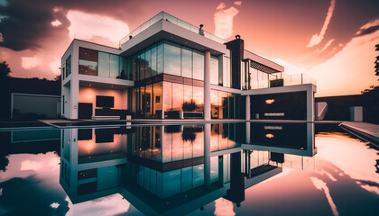 Wall Mural - photograph of modern villa with a lot of glass and great pool and garden classical realism wide angle lens, perfect light sunset, concept of modern living, generative ai