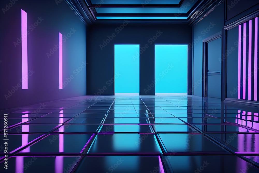 3d render, abstract violet blue neon background. Dark empty room with ...