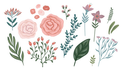 set of floral design elements. leaves, flowers, grass, branches vector