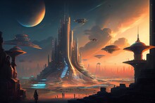 A Majestic Painting Of A City In The Metaverse, Showcasing The Futuristic, Virtual World With Its Towering Skyscrapers And Advanced Technology. Generative AI