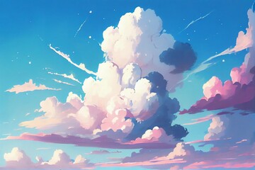 Wall Mural - A painting of a sky with clouds and a sky background with a white and blue sky and clouds and a blue sky and a white and pink cloud with a light blue sky and white background. Generative AI