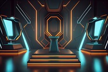 Abstract Backgound Video Game Of Esports Scifi Gaming Cyberpunk, Vr Virtual Reality Simulation And Metaverse, Scene Stand Pedestal Stage, 3d Illustration Rendering. Generative AI