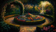 Oil Painting Of A Beautiful Sunset In A Circular Garden. Impressionism Painting, Generative AI Illustration.