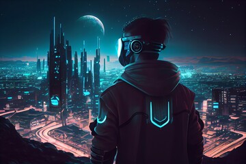 Canvas Print - Metaverse cyber city at night, man in futuristic virtual reality. Generative AI