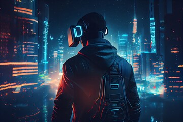 Wall Mural - Metaverse cyber city at night, man in futuristic virtual reality. Generative AI