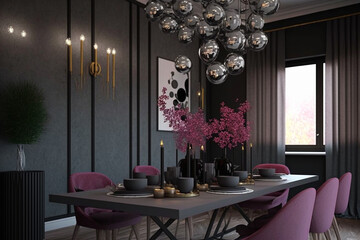 Wall Mural - Diningroom in dark gray colors. Taupe withmicrocement walls and black details. Glass balls chandeliers. Minimalistic room with viva magenta, Idea for interior design. AI