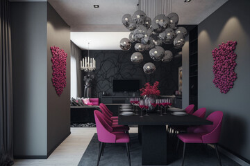 Wall Mural - Diningroom in dark gray colors. Taupe withmicrocement walls and black details. Glass balls chandeliers. Minimalistic room with viva magenta, Idea for interior design. AI