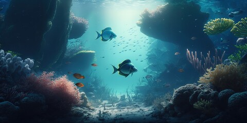 Wall Mural - Underwater sea scene of schooling fishes swimming in the wild in clear blue water. Generative AI