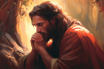 jesus christ praying in the garden of gethsemane oil painting created with generative ai