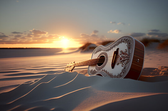 A fantastic Guitar laid down on the white sand on the beach at Sunset. Music and beauty of Nature.