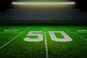 green field in an American football stadium. ready for a game in the midfield, 5 and 0 numbers written on the ground, green grass ground, ground covered with lights, top camera shot, AI generated