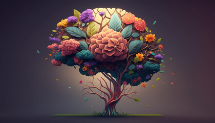 human brain tree with flowers, self care and mental health concept, positive thinking, creative mind