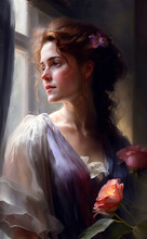 Romantic Portrait Of A Young White Woman With Long Flowing Auburn Hair, Wearing A White And Purple Silk Dress, And Holding Pink Roses.  She Looks Out Of A Window With Soft Morning Light Generative AI