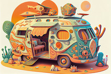 Old Camper Van, Hippie Style. AI Generative Illustration