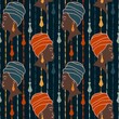 © Marina Lahereva - Hand drawn seamless pattern with black african american women with ethnic tassel earrings and headwrap. Blue orange profile fashion girls with abstract stripes lines dark background, ethnic black