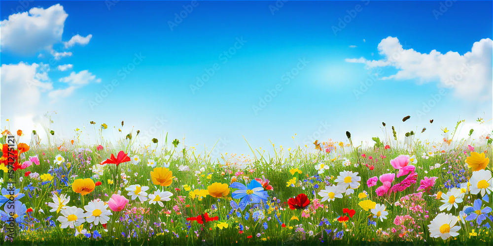 Spring landscape with colorful wildflowers in a green meadow on a blue ...