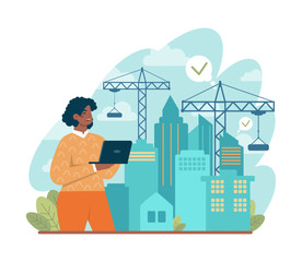 Fototapete - Architect. Black female character works on architectural project