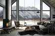 © Rawf8 - Mountain challet interior, modern living room with fireplace, snowy fir forest view out of windows. Generative AI