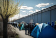 © wetzkaz - tent camp cities or refugee camps along a high border fence or wall on a fictitious border. Generative AI